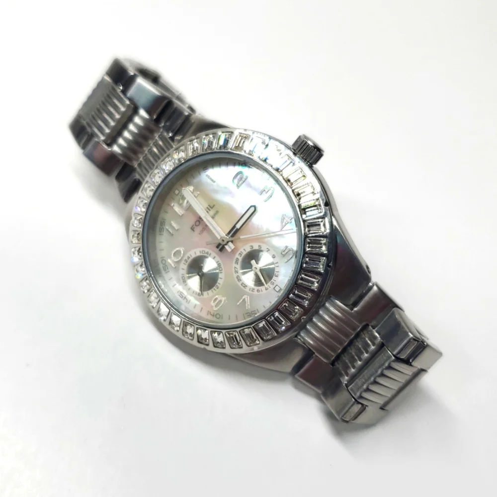 Fossil Watch BQ9360 Silver Steel Wristband Mother of Pearl Face Dual Subdial